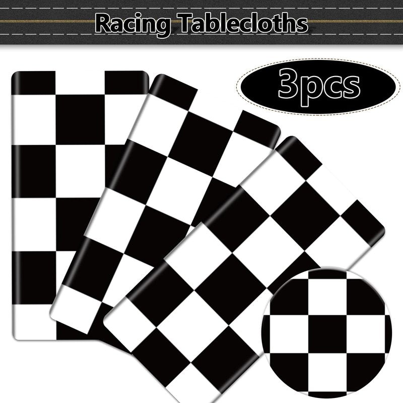 PIXHOTUL Racing Car Tablecloths for Round Table, Plastic Black Racetrack Tablecover for Kid's Birthday Racing Car Theme Party Fast One Two Fast Party, 84 x 84in