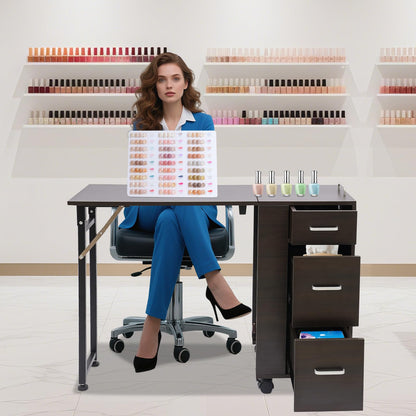 TREMENPOW Foldable Manicure Table, Single Station Nail Desk, Manicure Table with 3 Drawers & Wheels, 220lb Capacity, for Nail Salons, Beauty Spa, Home Office, Writing or Computer Desk