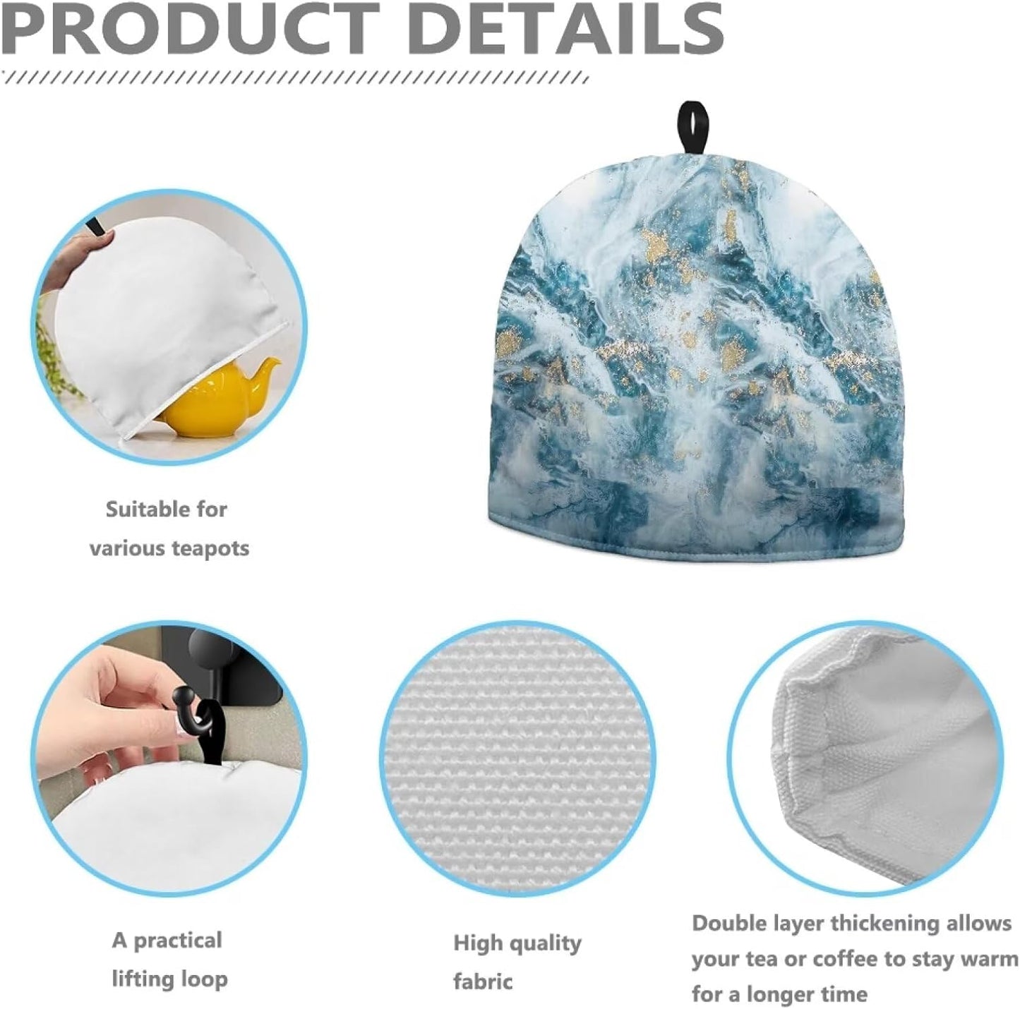 Hudotybom Marble Print Tea Cozy - Insulated Large Teapot Cover, Machine Washable for Kitchen Home Decorations