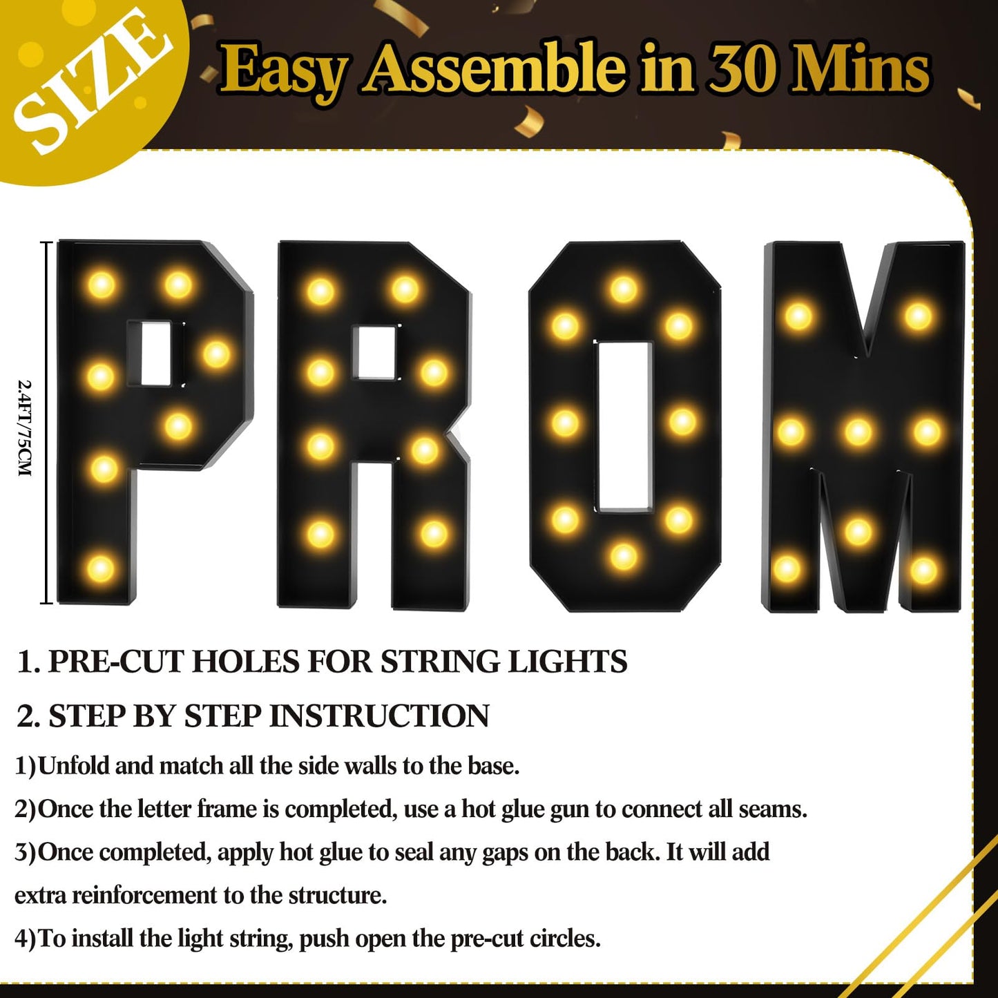 Colingmill 2.4 FT PROM Marquee Letters with 2 Lighting Modes for Class of 2026, PROM Light Up Letters Sign Graduation Decorations for High School College Grad Party Decor LED Backdrop(Black)
