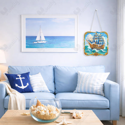 Yunzlly DIY Hanging Diamond Art Pendant Kit, Special Crystal Double Sided Diamonds Painting Ornament Kit for Adults, Acrylic Gem Painting Board for Window&Door&Wall (Sea Sailboat)