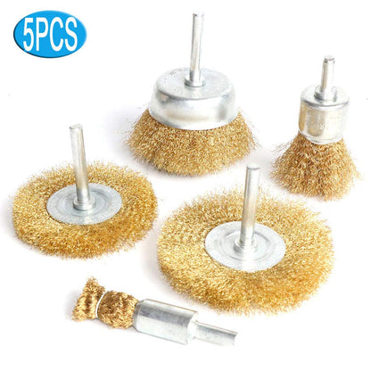 FPPO 5pcs Brass Wire Wheel Brush Kit for Drill,Crimped Cup Brush with 1/4-Inch Shank ,0.13mm True Brass Wire,Soft Enough to Cleaning or Deburring with Less Scrach