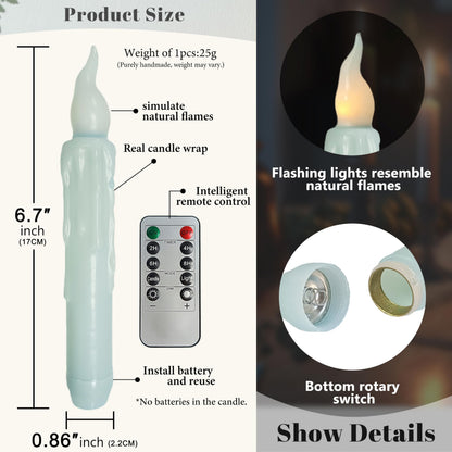 FCMSHAMD Blue Flameless Short Taper Candles, Real Wax Hand Dipped LED Battery Operated with Remote, Flickering Flame Lights for Festival Party Home Décor, 6.7 Inch Primitive Flameless Candles, 4PCS