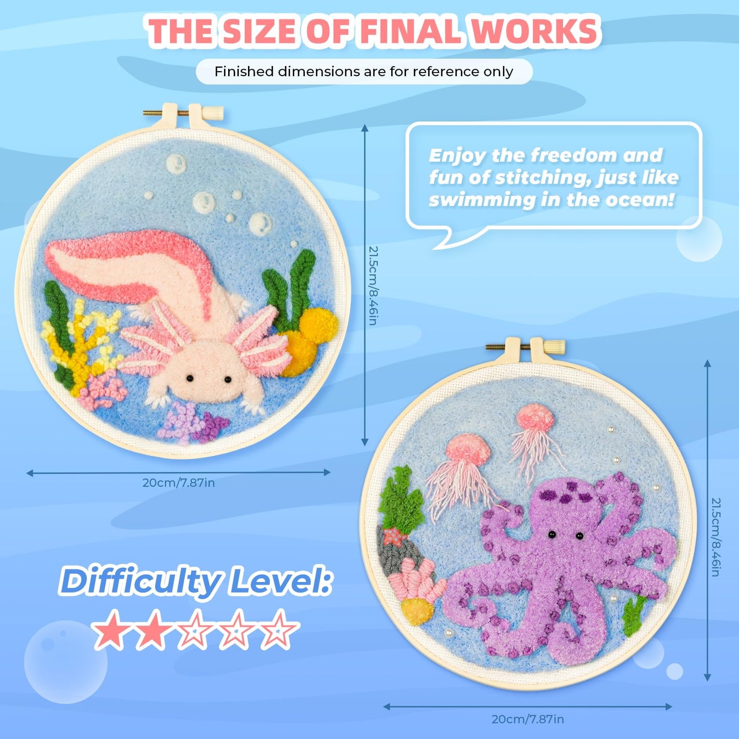 Punch Needle Kits Adults Beginner,Punch Needle kit for Beginners, Embroidery kit for Beginners,Includes All Tools and Materials,Easy to Follow Instructions and Videos-(Axolotl+Octopus)