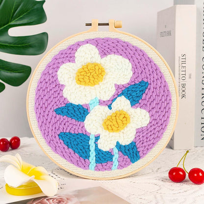 Allazone 3 Set Punch Needle Embroidery Starter Kits with Flower Pattern, Punch Needle Tool Threader Fabric, Yarn, Embroidery Hoop for Crafts, Home Decor
