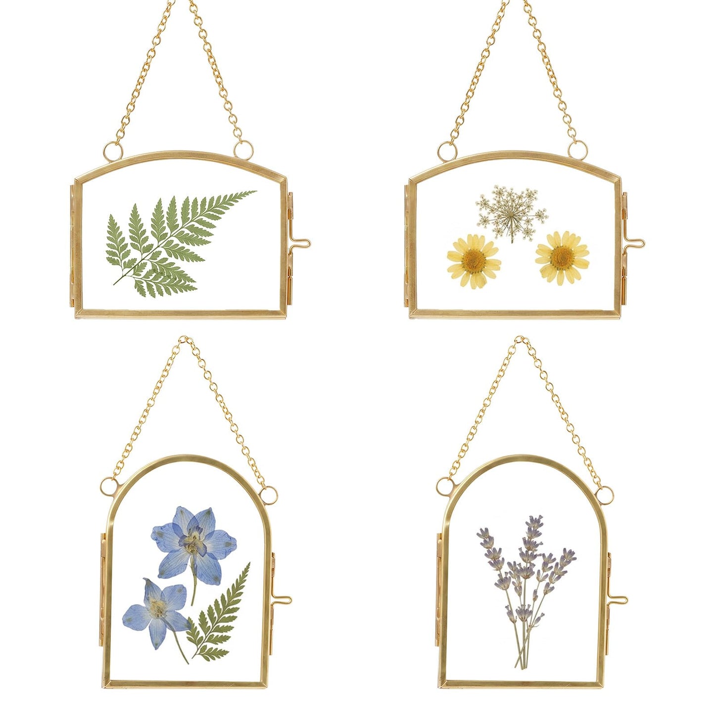 FOCHIER 4 Pcs Double Glass Frame for Pressed Flowers Floating Hanging Photo Frame 3x2 in Brass Clear Pressed Flower Decor with Chain for Display Gallery Artwork, Horizontal Vertical, Gold