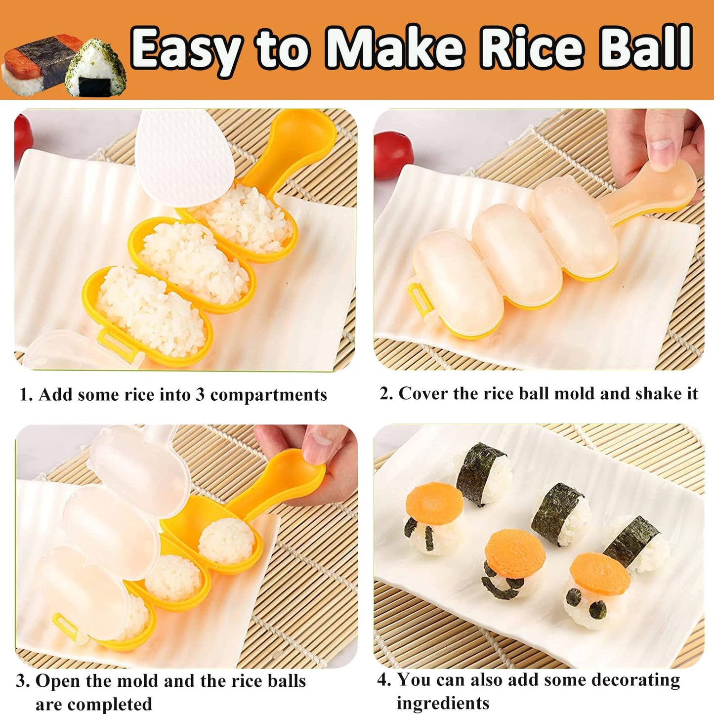 Onigiri Mold Set - 12pcs Spam Musubi Maker Press Rice Ball Mold Sushi Rolling Mat Sushi Making Kit with 50pcs Onigiri Wrappers and Stickers for Lunch Bento and Home DIY