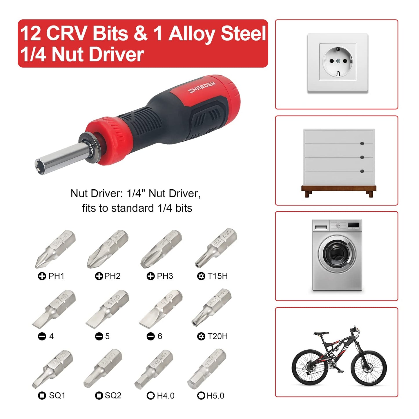 SHARDEN Multi Screwdriver 13-in-1 Screw Driver Adjustable Screwdriver Set Multitool All in One with Torx Security, Flat Head, Phillips, Hex, Square and 1/4 Nut Driver