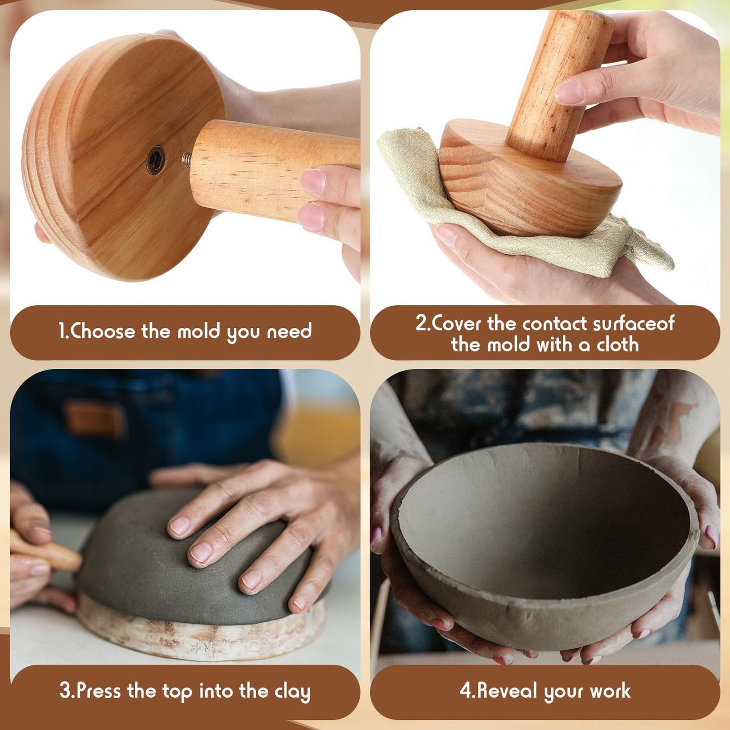 Doublefill 4 Pack Pottery Molds Plaster Molds Wood Pottery Tools with Handle for Ceramic Top Forms DIY Bowls Plate Dish Slump Press Art Making (Hemispherical,4.5'' 6.5'' Thickness 2.5'')