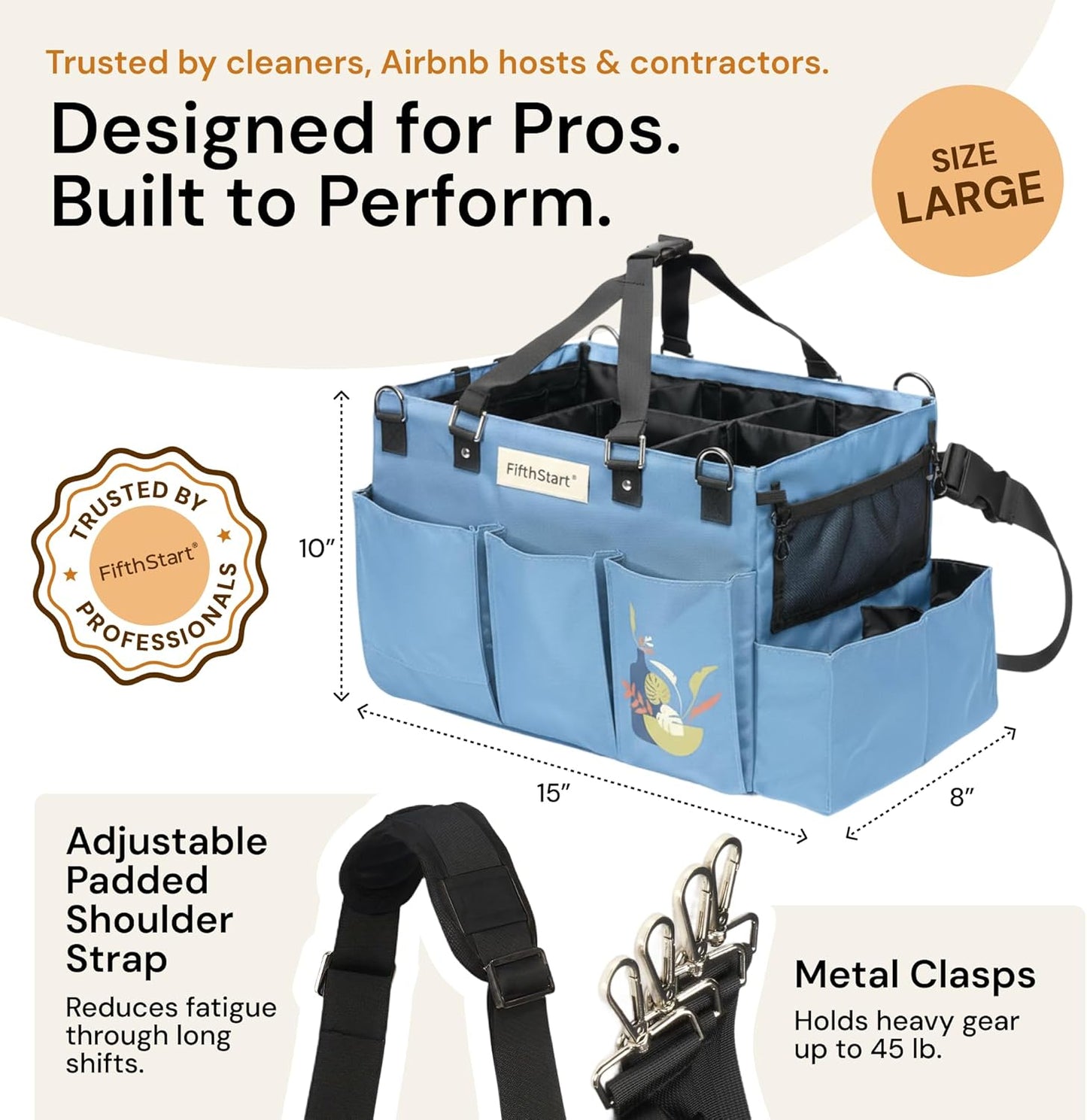 9 FifthStar Cleaning Caddy Bag for Professionals - Heavy-Duty Organizer with Shoulder Strap, Pockets, Mesh Base