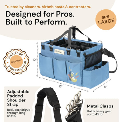 9 FifthStar Cleaning Caddy Bag for Professionals - Heavy-Duty Organizer with Shoulder Strap, Pockets, Mesh Base