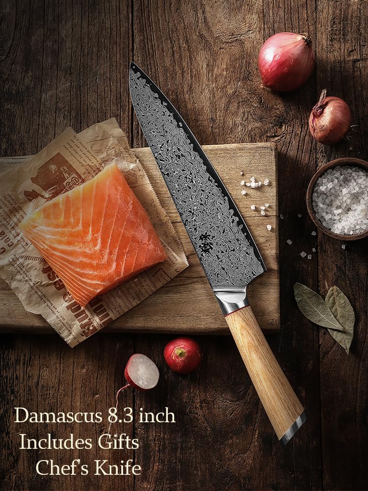 DONGSUN 8 Inch Damascus Chef Knife with North American Black Walnut Sheath, 67-Layer VG10 Forged Steel Japanese Gyuto, Professional Durable Sharpness