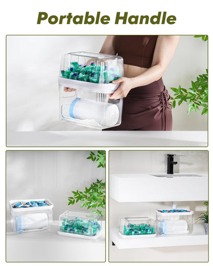 iCASA Trash Bag Dispenser Dishwasher Pod Organizer, 3 in 1 Grocery Garbage Bags Holder Storage Box Clear Laundry Room Pods Dishwasher Tab Cleaner Tablets Container Pantry Kitchen Under Sink Organizers
