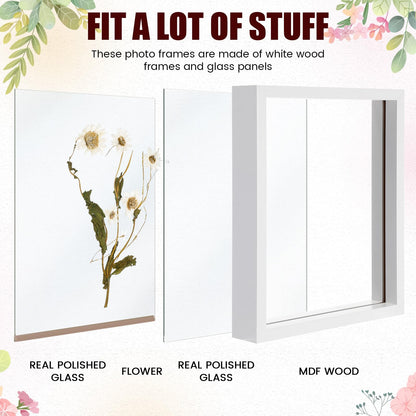 Fiwochic 4 Pack Pressed Flower Floating Picture Frames, 10, 8, 6, 5 Inch White Wooden Double Glass Pressed Flower Frames Wall Tabletop Display for Dried Flowers, Photos, Art, Birthday, Wedding Gift