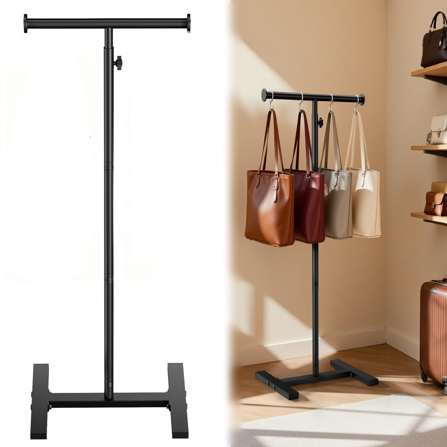 Josmimic 56" Shopping Bag Rack Stand, Adjustable Freestanding Tote Bag Display for Retail Store, Boutique, Entryway & Hallway, Holds Up to 22 lbs, Black