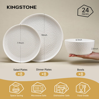 KINGSTONE Ceramic Dinnerware Set, 24-Piece Porcelain Plates and Bowls Set for 8, Matte Black or White, Hammered Texture, Microwave, Dishwasher & Oven Safe, Perfect for Home, Weddings & Gifts