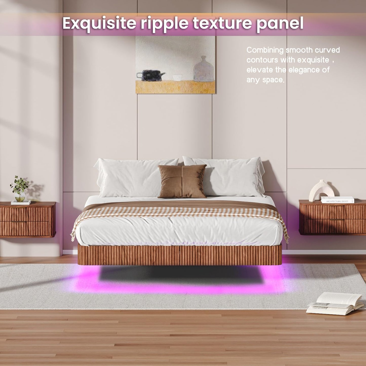 KEIKI Queen Size Floating Bed Frame with LED Lights, Wave Curve Wood Texture and Heavy Duty Metal Slats – Modern Queen Floating Bed Frame with Headboard – Walnut