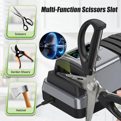 5-in-1 Electric Knife Sharpener for All Knives – Diamond Abrasive Sharpener with 3 Speeds & LCD Display | Sharpens Straight, Serrated, Kitchen Knives & Scissors | Automatic, Safe, Easy to Use (gery)