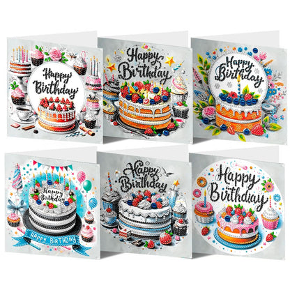 pigpigboss 6 Packs Happy Birthday Diamond Painting Greeting Cards, Birthday Cake Diamond Art Cards with Envelope, Special Shaped Birthday Cake Painting Crads for Adult Birthday Blessing