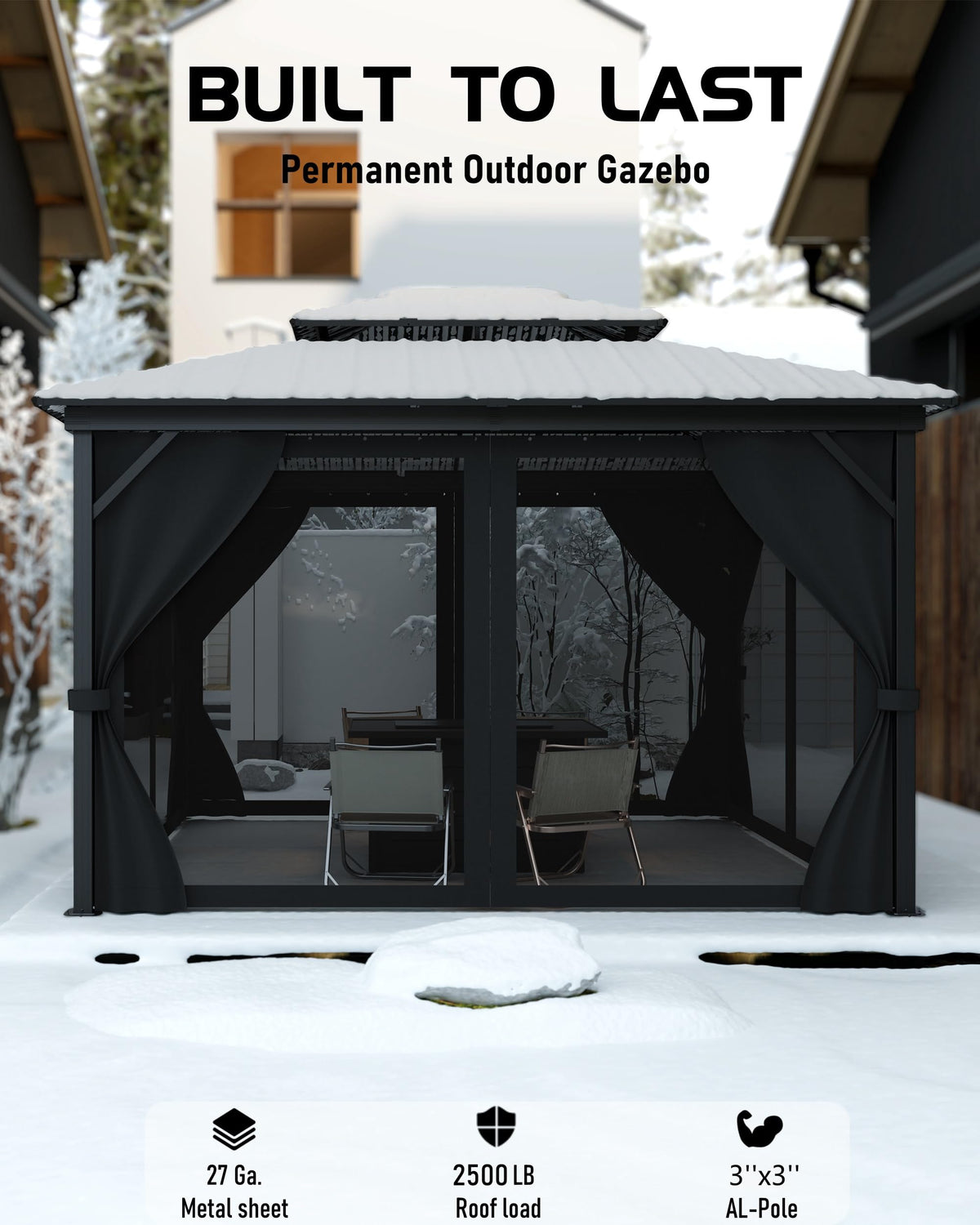 GarveeLife Hardtop Gazebo 10 ft x12 ft for All Weather, with Double Metal Roof, Aluminum Alloy Frame, Net, and Curtain, Permanent Building for Patio, Deck, Backyard, Lawn, and Garden