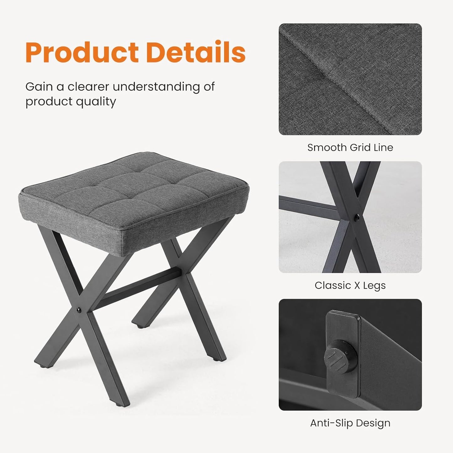 Sweetcrispy Vanity Stool Ottoman, Square Linen Makeup Stool Metal X Legs, Small Footstool Chair for Vanity, Modern