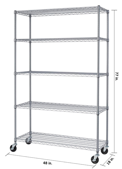 TRINITY EcoStorage Heavy Duty 5-Tier Adjustable Wire Shelving with Wheels for Outdoor Use, Garage Storage and More, NSF Certified, 800-4000 Lb Capacity, Gray, 48" W X 18" D X 72-77" H