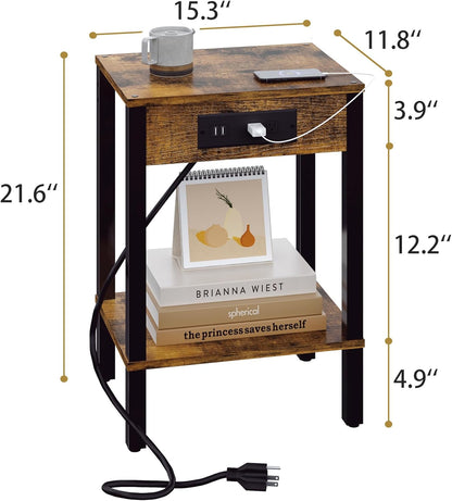 MMEOLUOOK 2-Tier MLBZ14RE End Table with Charging Station, Nightstand with Storage Shelf,Modern Side Table,Bedside