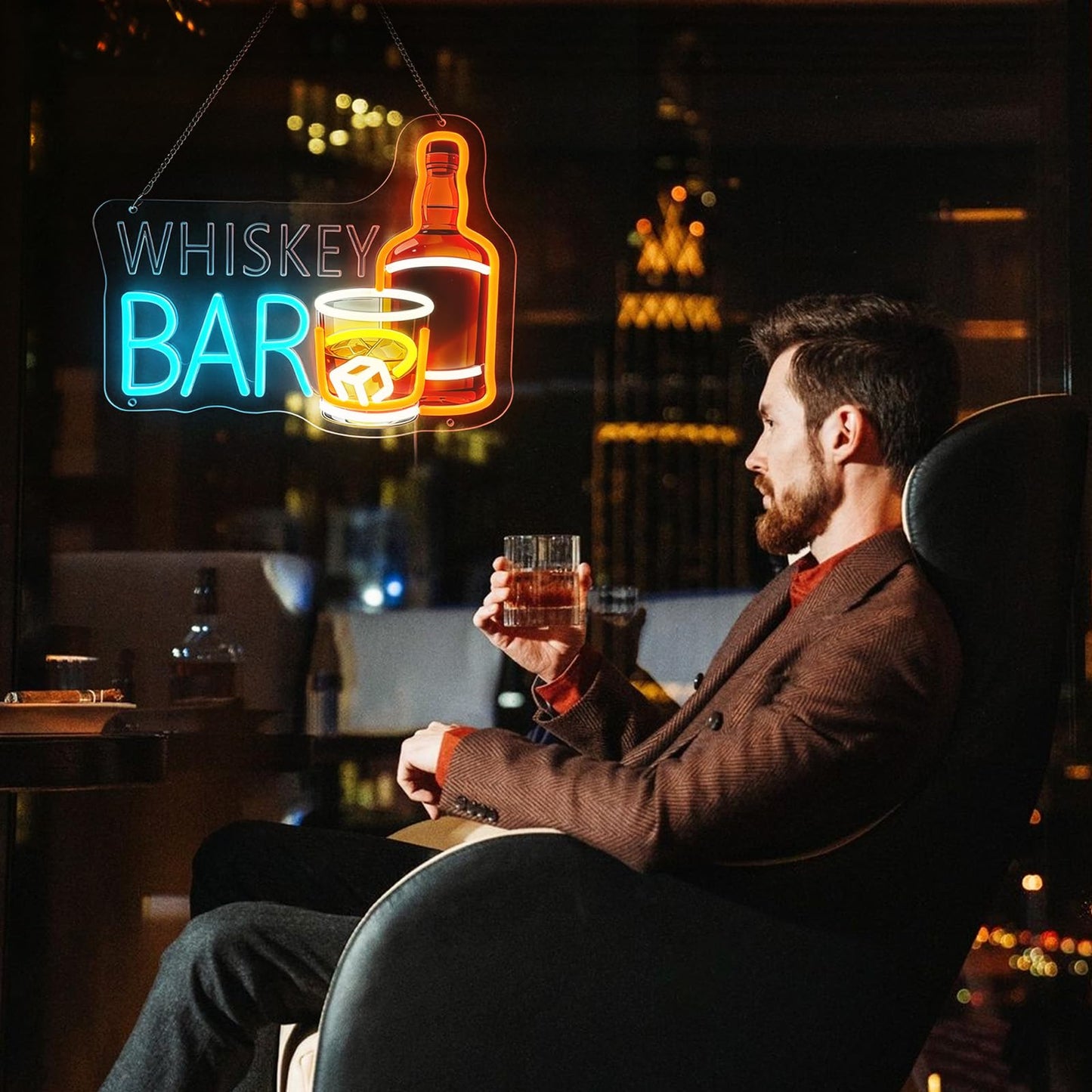 Whiskey Bar Neon Sign, LED Sign for Man Cave Decor, Neon Bar Signs for Home Bar, Bar Wall Art, Cool Whiskey Gifts for Men, Dimmable UV Printed Light Sign, 14.2 x 11.4 In