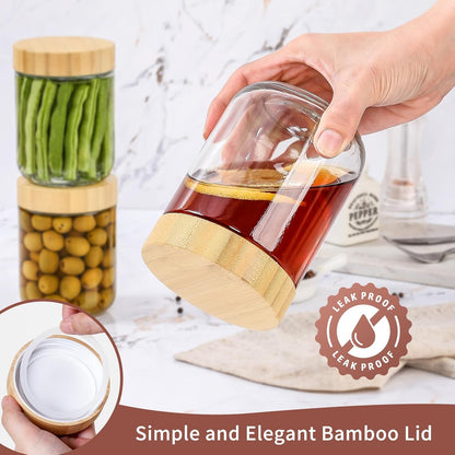 16 Oz 4 Pack DRKIO Overnight Oats Containers with Bamboo Lids - Glass Storage Jars with Airtight Lids Wide Mouth Mason