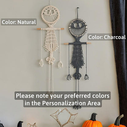 VIVIANYO HD Boho Macrame Wall Hanging Halloween Decorations Human Skeleton Tapestry 42 Inch Body Cute Skull Decoration Handmade Woven Fabric Wall Decor for Dorm Bedroom Living Room (White)