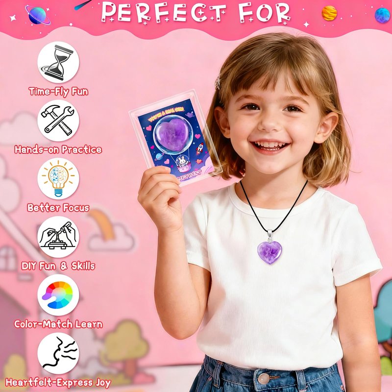 Valentines Day Cards for Kids School with Heart Gemstone Necklaces, Valentines Exchange Gifts Bulk with 24-Pack Unique Gemstone Heart Crystals, Classroom Valentine Party Favors with Goody Bag