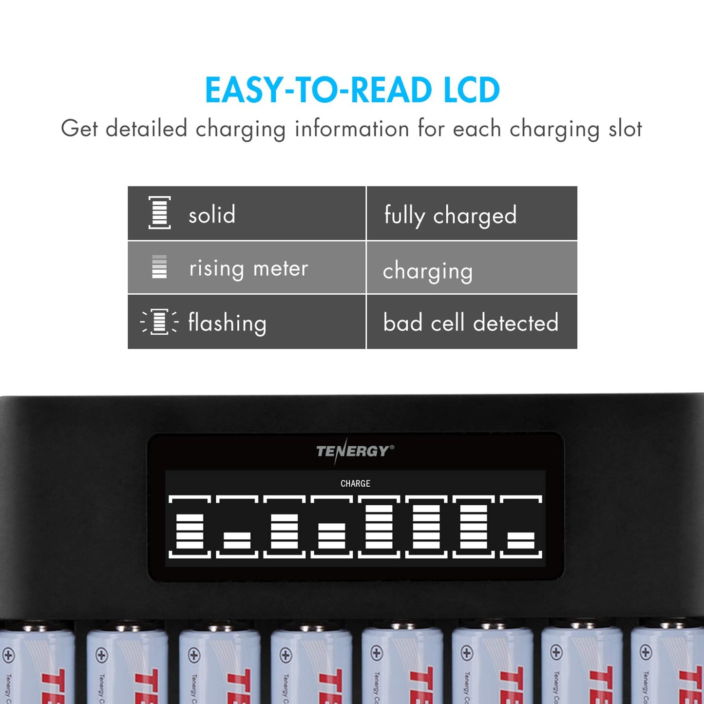 Tenergy TN480U 8-Bay LCD Display Fast Charger for NiMH/NiCD AA AAA Rechargeable Batteries with Mirco USB and USB Type C Input for AA and AAA Rechargeable Batteries