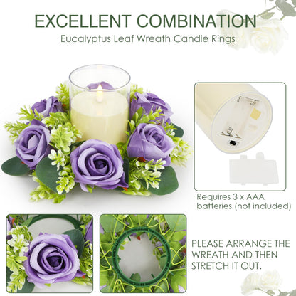 Acmee Purple Rose Candle Rings with Flameless Candles Sets - 12PCS Artificial Flower Eucalyptus Wedding Centerpiece 3 Inch Pillar Candleholders Wreaths for Wedding Party Decor (Purple - 6 Sets)