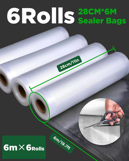 Skiennix Vacuum Sealer Bags - Heavy Duty BPA Free Food Storage | 6 Rolls, 28CM x 6M