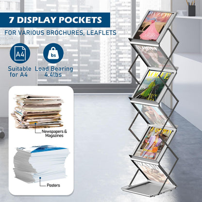 AceShow 6 Pockets Foldable Literature Rack - Aluminum Magazine Rack, Brochure Catalog Display Stand with Carrying Bag for Exhibition, Trade Show, Office, Retail Store, Home - Silver