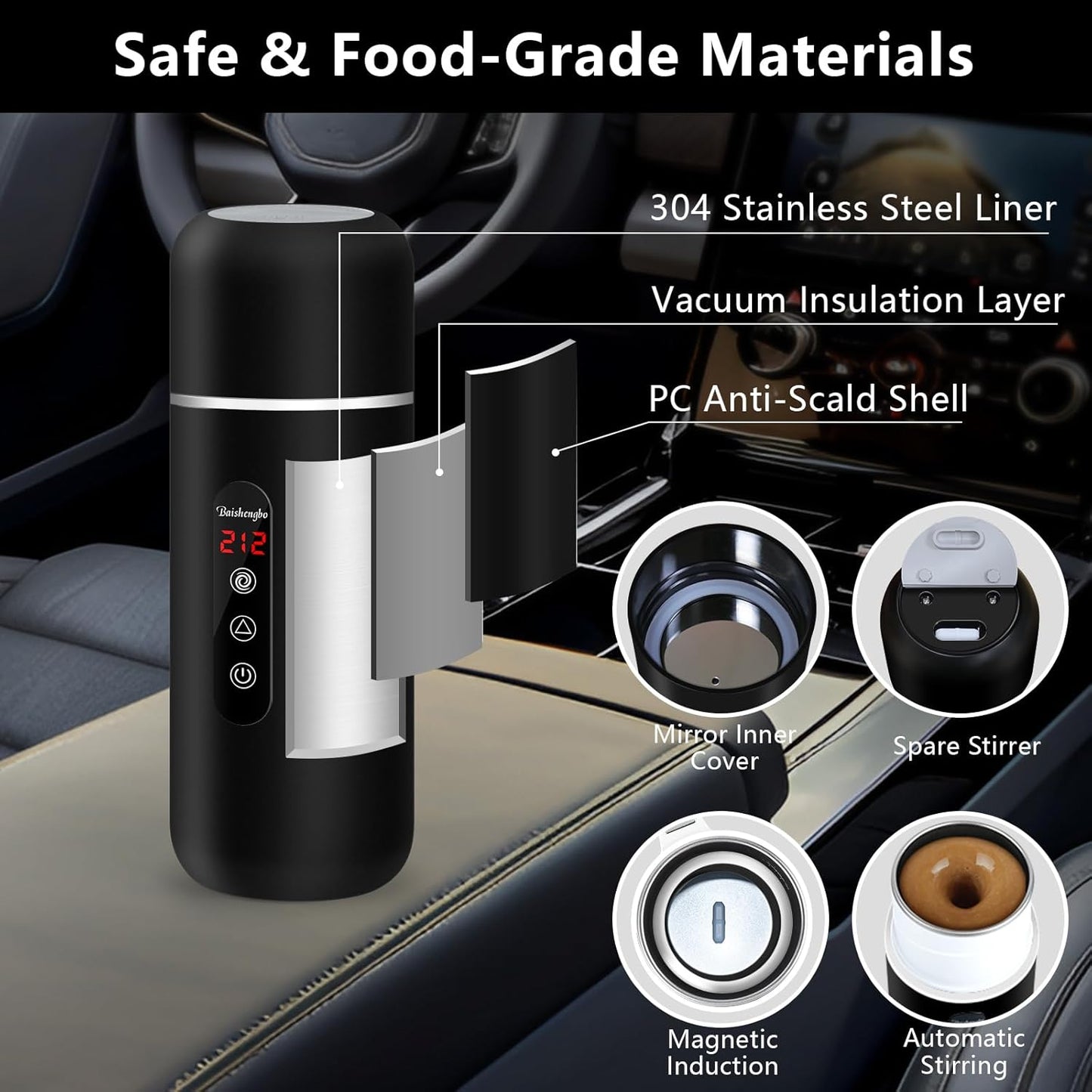 12V/24V 420ML 304 Car Kettle, Portable Electric Travel Kettle & Stainless Steel Water Boiler with Built-in Magnetic