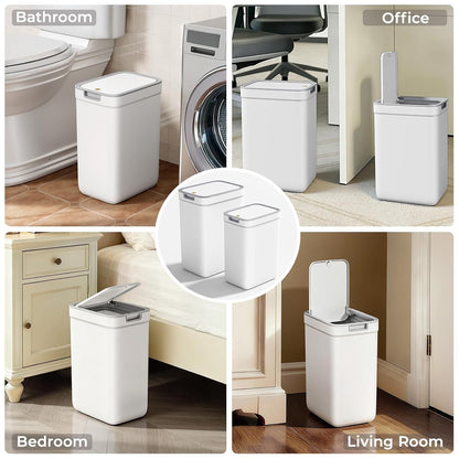 Spreezy 2 Pack Lid(3.6 2.4 Small Trash Can with Gal & Gal), Bathroom Garbage Can with Hidden Trash Bag Storage, Slim