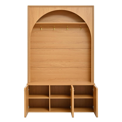 Merax Farmhouse Hall Tree with Bench and 3 Cabinets, 4-in-1 Entryway Coat Rack with 4 Golden Hooks and Top Compartments, 77.5" Retro Arched Entryway Hall Tree for Hallway, Mudroom, Entrance, Natural