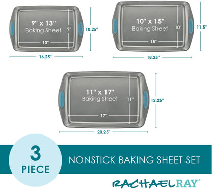 Rachael Ray Bakeware Nonstick Cookie Pan Set - 3-Piece Gray with Agave Blue Grips
