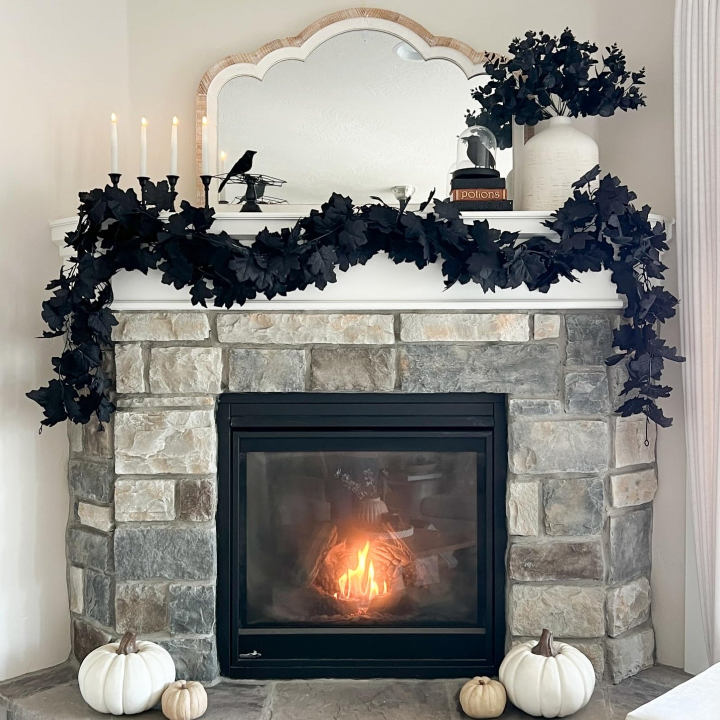 CQURE 8 Pack Black Fall Leaf Garland,Total 35.4Ft Halloween Garland Hanging Vines Artificial Fall Maple Leaves Thanksgiving Decor for Home Wedding Fireplace Christmas