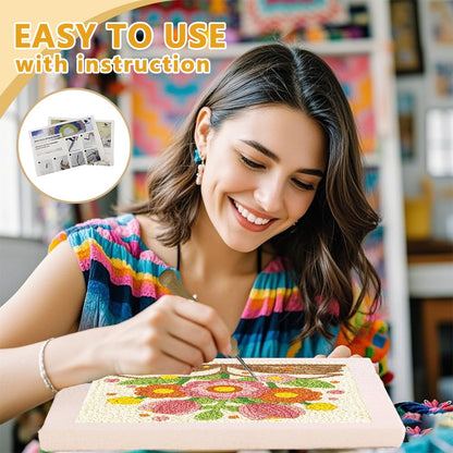 DOODLREAM Bouquet on Book DIY Punch Needle Embroidery Kit for Adult Beginner, 9.4" Flowers and Book Punch Stitching Craft Set for Starter with Frame, Fabric Pattern, Threader, Yarn, Punch Needle