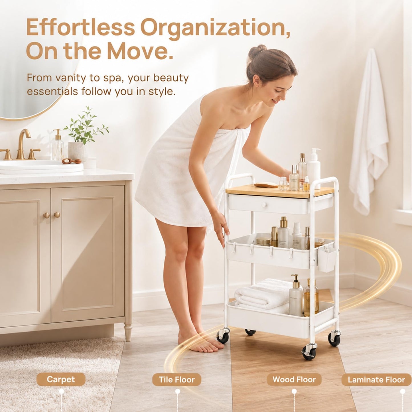 3 Tier Metal Rolling Cart with Drawers, Makeup Organizer Cart with Wheels for Skin Care/Lash/Hair Product/Perfume, Esthetician Pedicure Carts for Nail Techs, Vanity, Bathroom,Craft Storage Carts,White