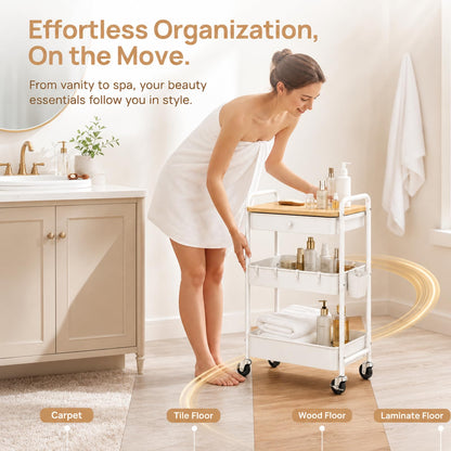 3 Tier Metal Rolling Cart with Drawers, Makeup Organizer Cart with Wheels for Skin Care/Lash/Hair Product/Perfume, Esthetician Pedicure Carts for Nail Techs, Vanity, Bathroom,Craft Storage Carts,White