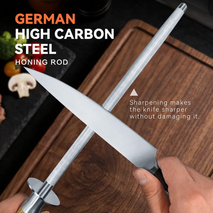 Monbalcon Honing Rod 10'', German High Carbon Steel Knife Sharpener Rod with Premium Gift Box, Professional Fine Sharpening Stone Kitchen Knife Whetstone with Natural Wood Handle, 10 inch