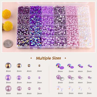 14000PCS Flatback Pearls and Rhinestones for Bedazzling Kit, Purple 3-10mm Resin Rhinestones and Half Pearls for Crafting, Nail Art Dec with 3pcs B7000 Jewelry Glue