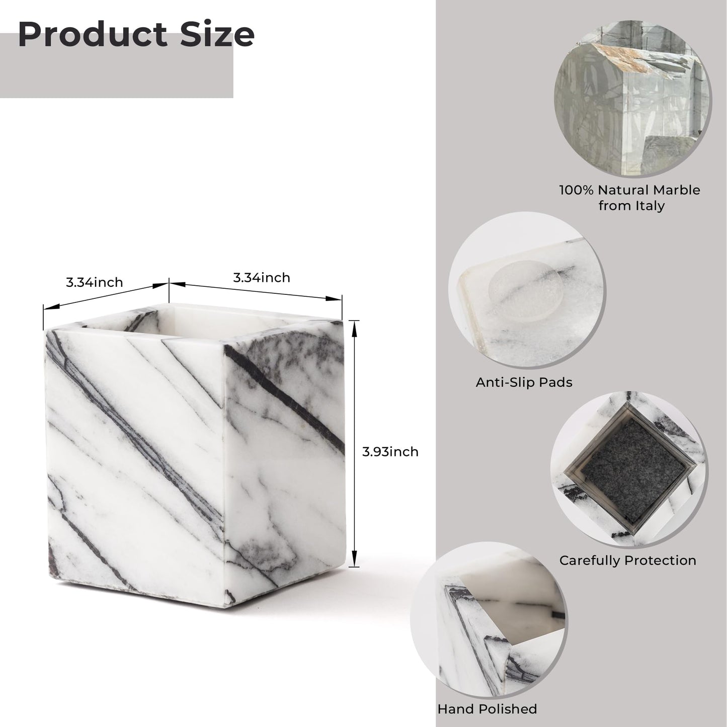 WORHE Natural Lilac Marble Toothbrush Holder 3.93Inch Solid Stone Makeup Brush Organizer, Luxurious Pen Holder, Square Utensil Storage Container for Bathroom, Office, Countertop Home Decor (WH097)