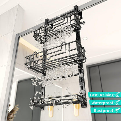 HapiRm 3 Tier Over the Door Shower Caddy, Hanging Shower Caddy with 16 Hooks and 2 Soap Holders, No Drilling Adjustable Hanging Bathroom Organizer - Black