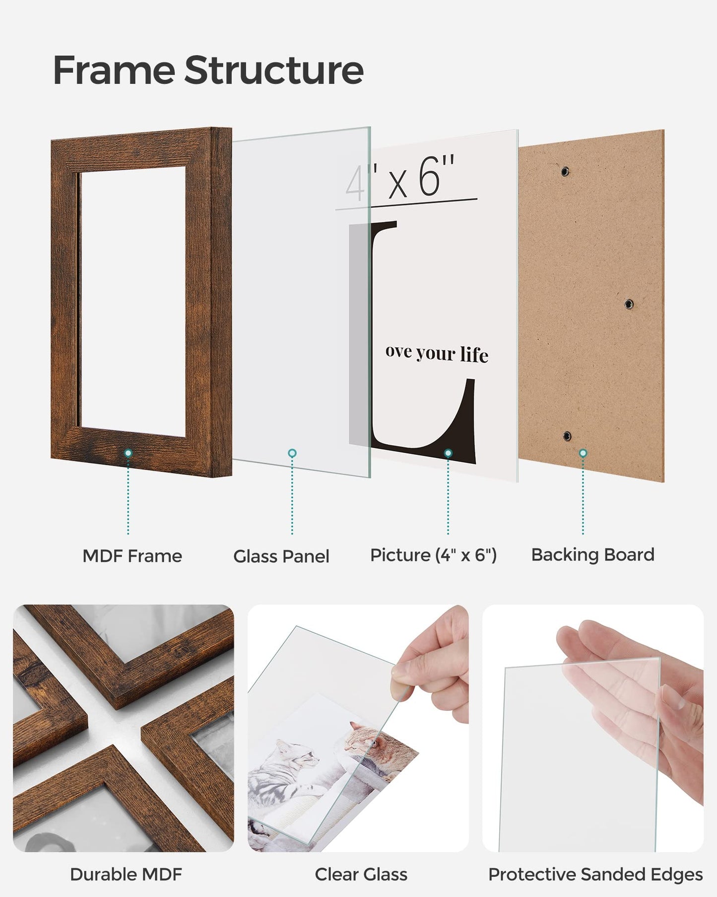SONGMICS 4x6 Picture Frames Collage Wall Decor, 12-Pack Photo Collage Frame, Multi Picture Frame Set with Glass Front, Assembly Required, Rustic Brown URPF022X01