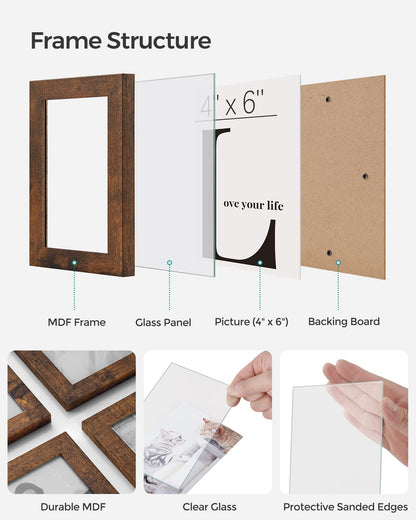 SONGMICS 4x6 Picture Frames Collage Wall Decor, 12-Pack Photo Collage Frame, Multi Picture Frame Set with Glass Front, Assembly Required, Rustic Brown URPF022X01