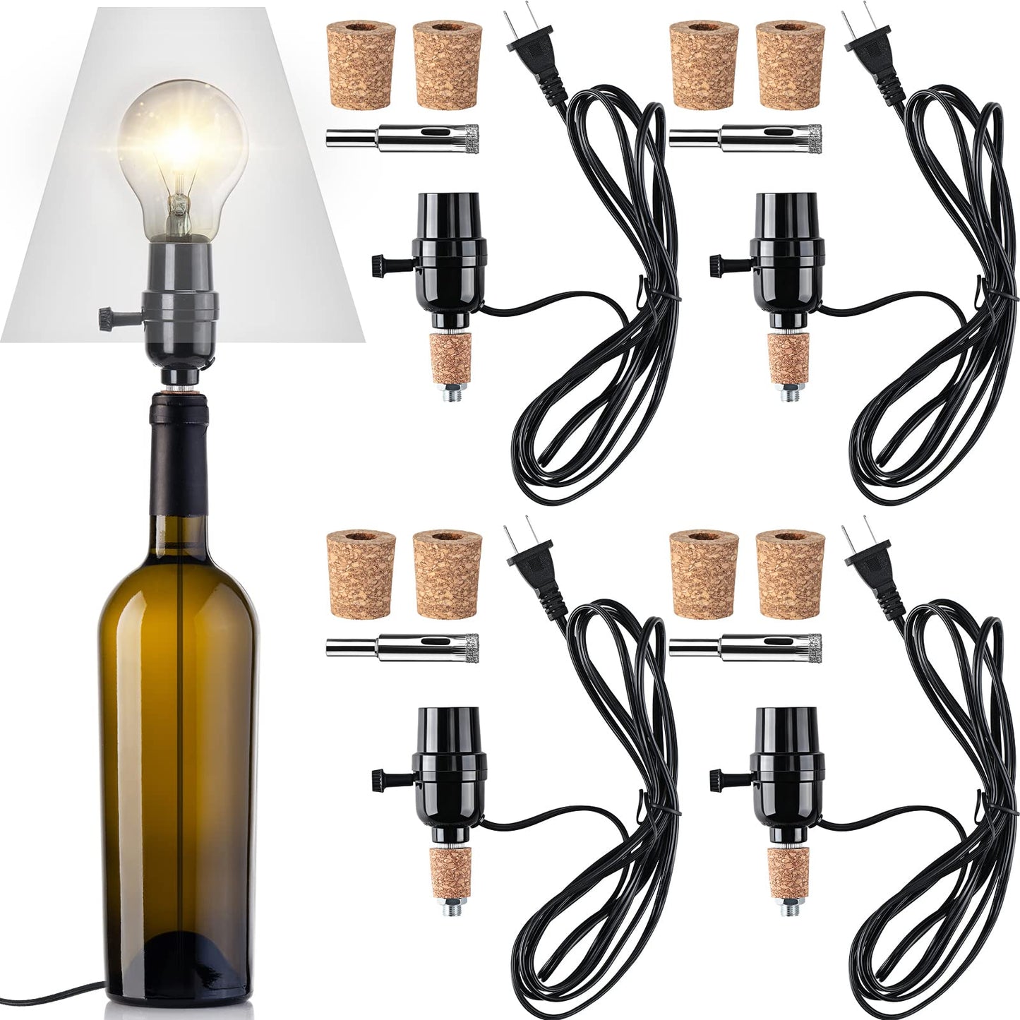 Fabbay 4 Sets Bottle Lamp Kit for Liquor Bottle Includes Stopper in 3 Sizes, 9 mm Glass Drill Bit, Slip on Socket, 8 Feet Power Cord for DIY Wine Bourbon Beer Glass Bottles Lamp No Drilling Required